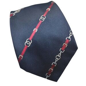 Gucci Vintage Silk Men's Tie Necktie 3.5" Navy Blue Equestrian Bit Buckle Italy